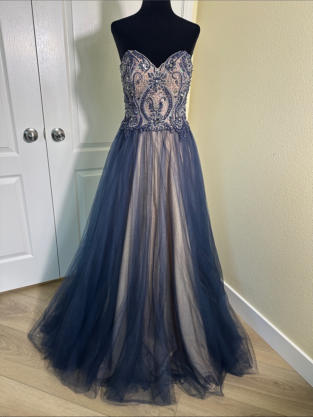 Navy Beaded Tulle Dress with Fully beaded bodice. Size 2. Glamour by Terani.